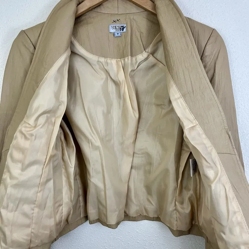 Venus Vintage Y2K Leather Jacket Womens M Beige Sequin Beaded Collarless Zip